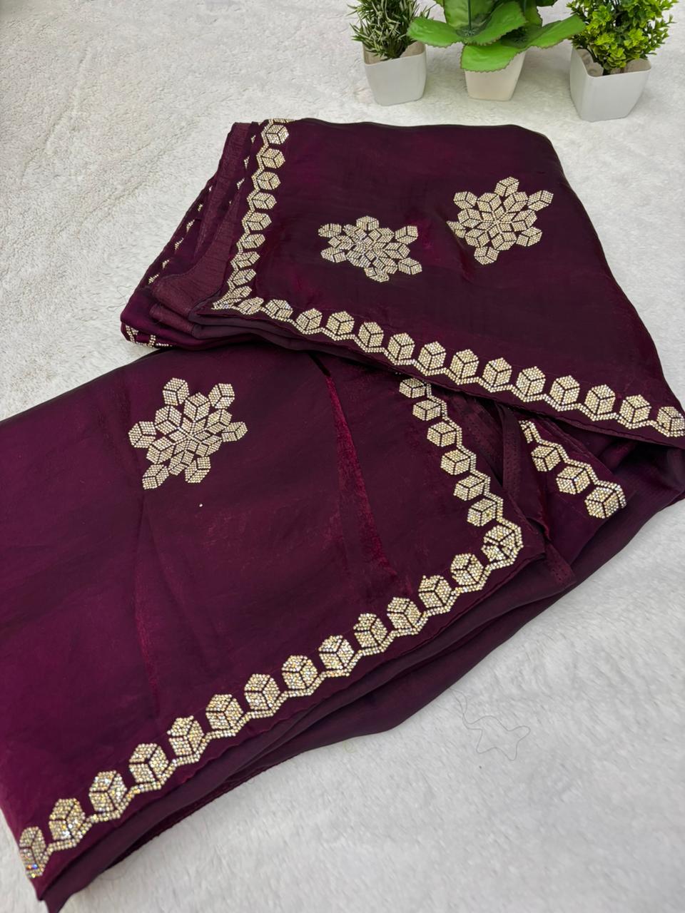 Premium Wine Colour Fendy Satin Designer Saree Diamond Work