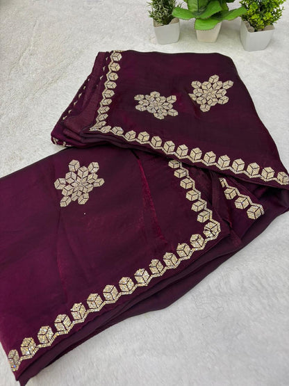 Premium Wine Colour Fendy Satin Designer Saree Diamond Work