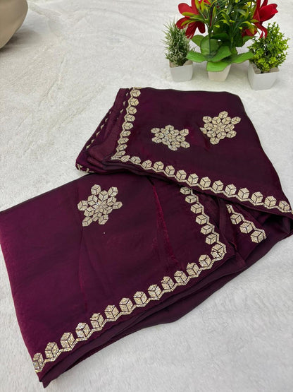 Premium Wine Colour Fendy Satin Designer Saree Diamond Work