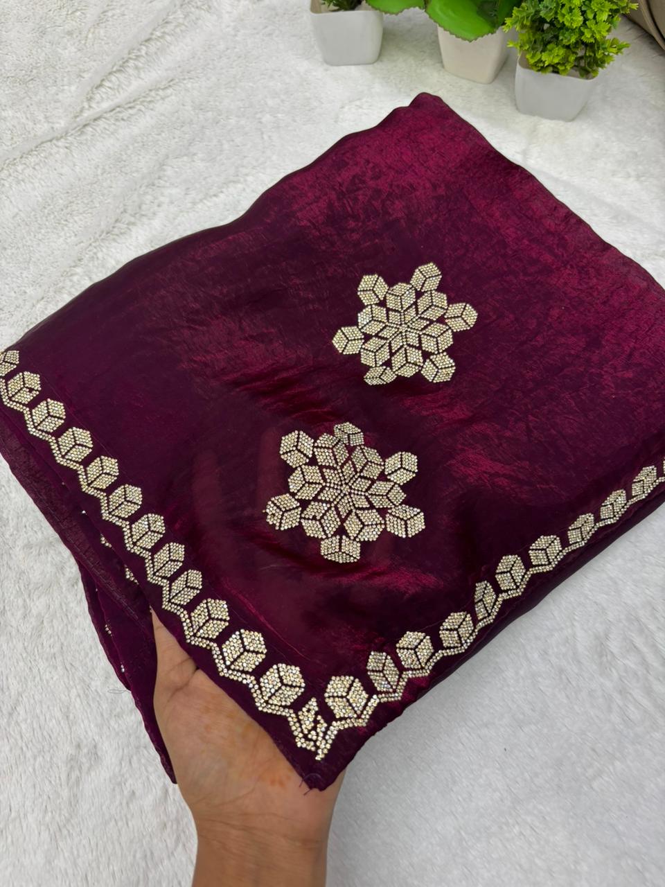 Premium Wine Colour Fendy Satin Designer Saree Diamond Work