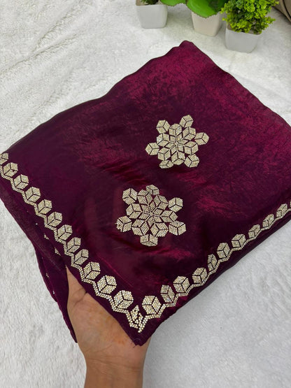 Premium Wine Colour Fendy Satin Designer Saree Diamond Work