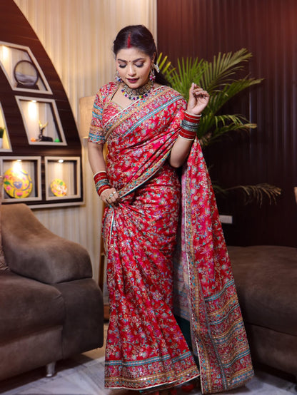 Vibrant Red Ultra Satin Digital Print Saree with Heavy Sequin & Mirror Embroidered Border