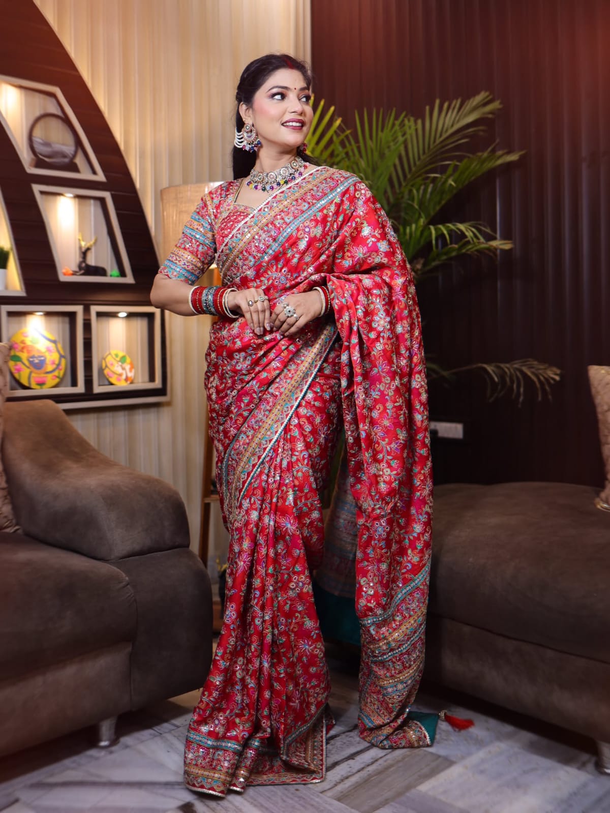 Vibrant Red Ultra Satin Digital Print Saree with Heavy Sequin & Mirror Embroidered Border
