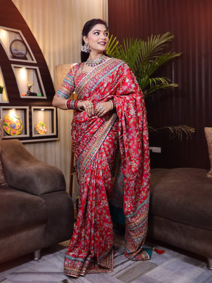 Vibrant Red Ultra Satin Digital Print Saree with Heavy Sequin & Mirror Embroidered Border
