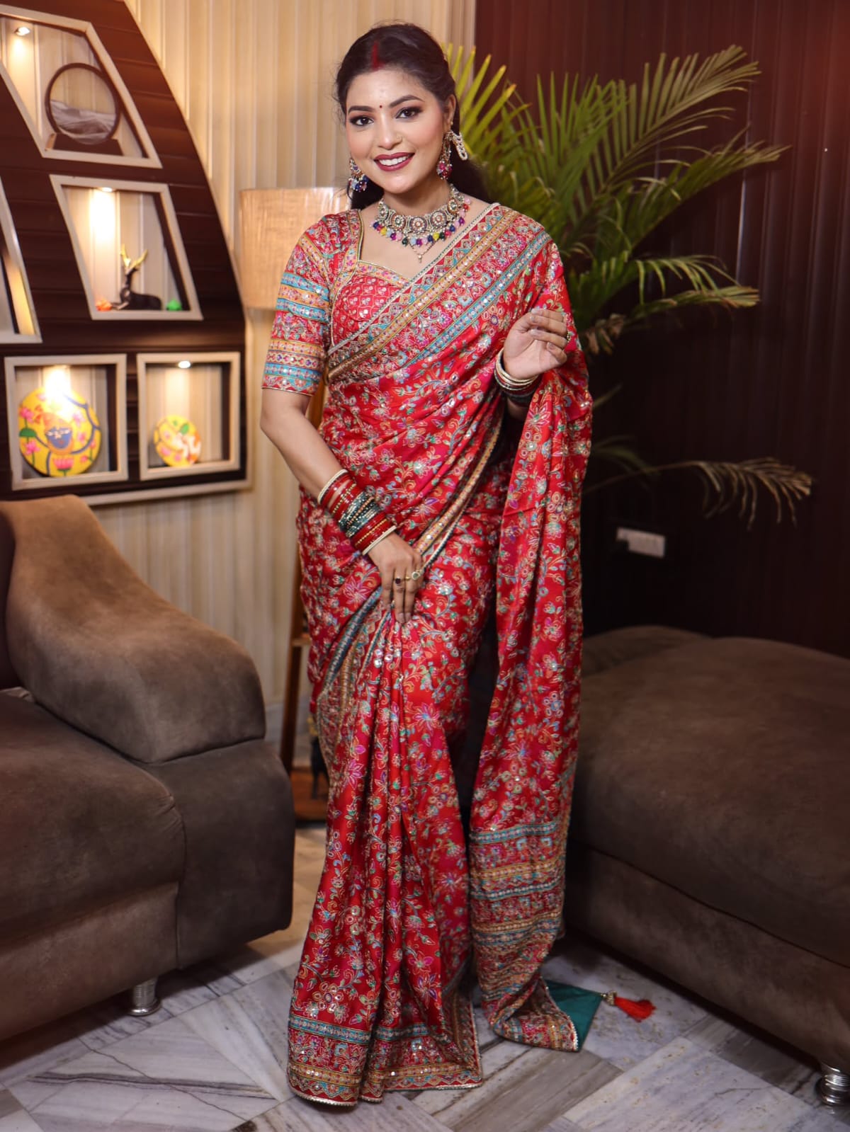 Vibrant Red Ultra Satin Digital Print Saree with Heavy Sequin & Mirror Embroidered Border