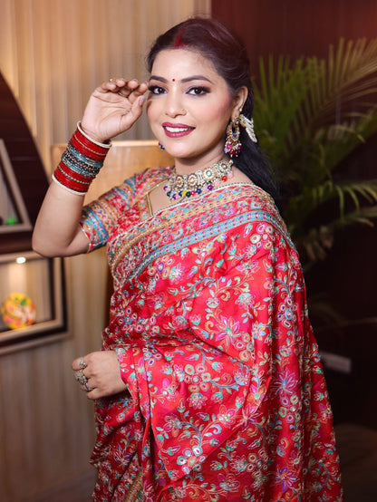 Vibrant Red Ultra Satin Digital Print Saree with Heavy Sequin & Mirror Embroidered Border