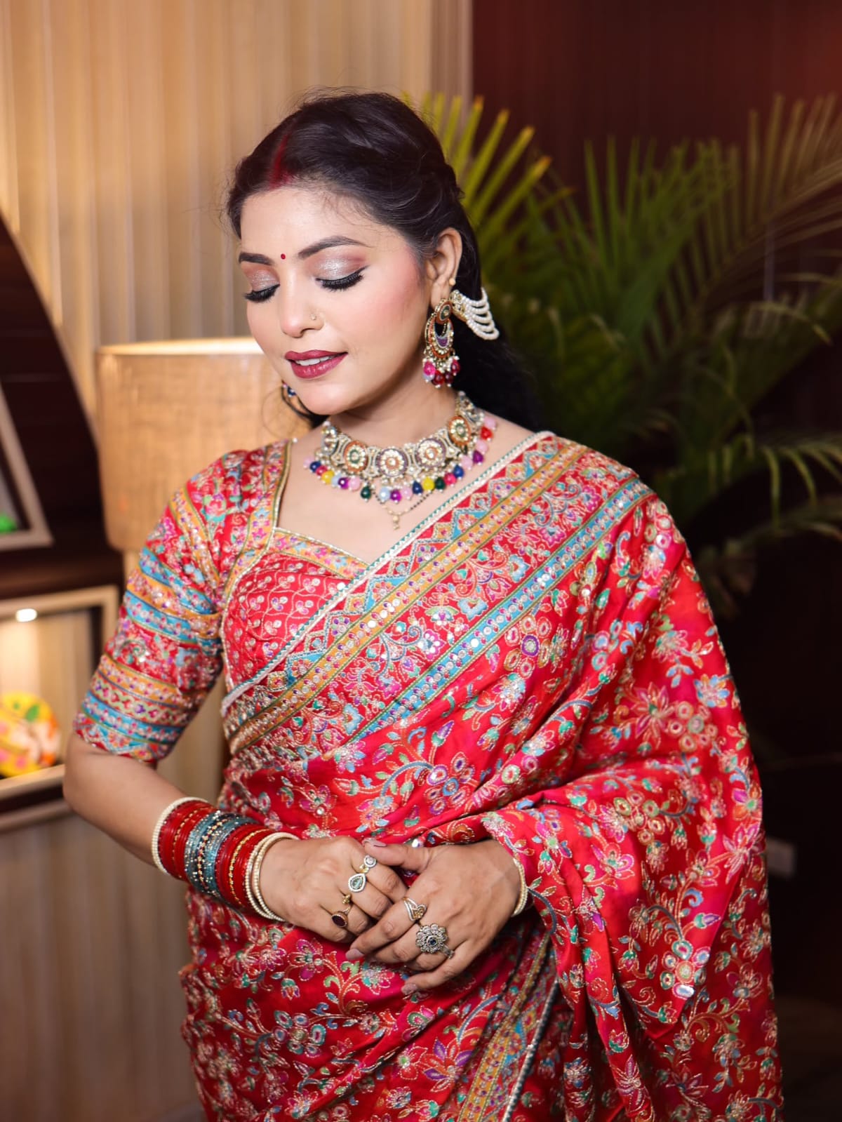 Vibrant Red Ultra Satin Digital Print Saree with Heavy Sequin & Mirror Embroidered Border