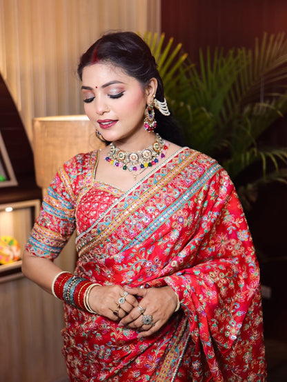 Vibrant Red Ultra Satin Digital Print Saree with Heavy Sequin & Mirror Embroidered Border