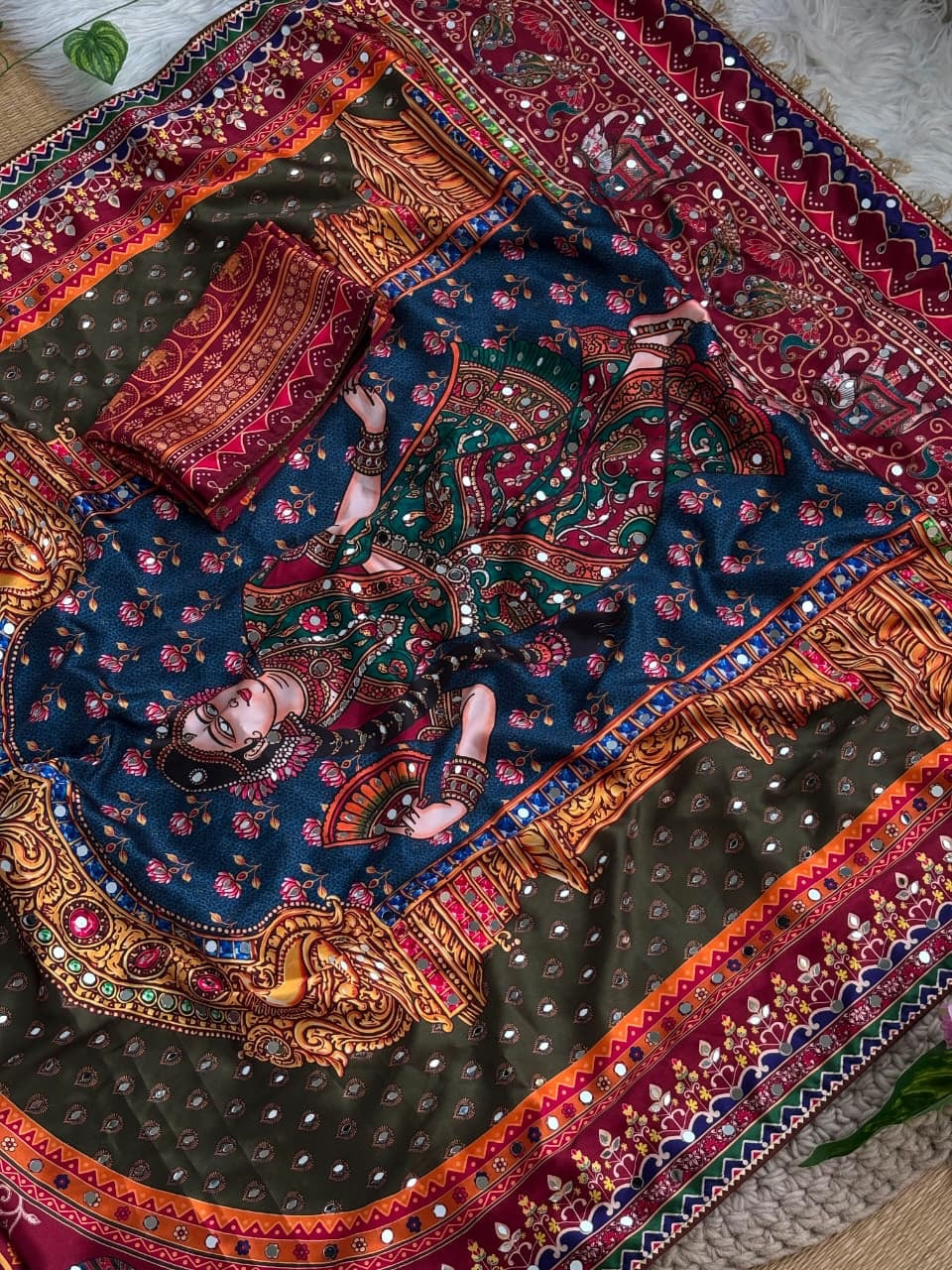 Navratri Special Pichwai Art Digital Print Satin Saree with Elephant Mirror Work Border