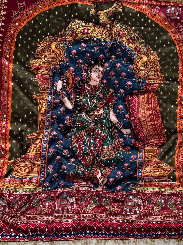 Navratri Special Pichwai Art Digital Print Satin Saree with Elephant Mirror Work Border