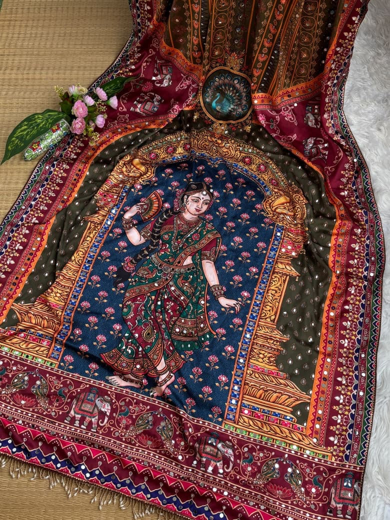 Navratri Special Pichwai Art Digital Print Satin Saree with Elephant Mirror Work Border