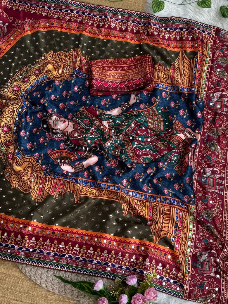Navratri Special Pichwai Art Digital Print Satin Saree with Elephant Mirror Work Border