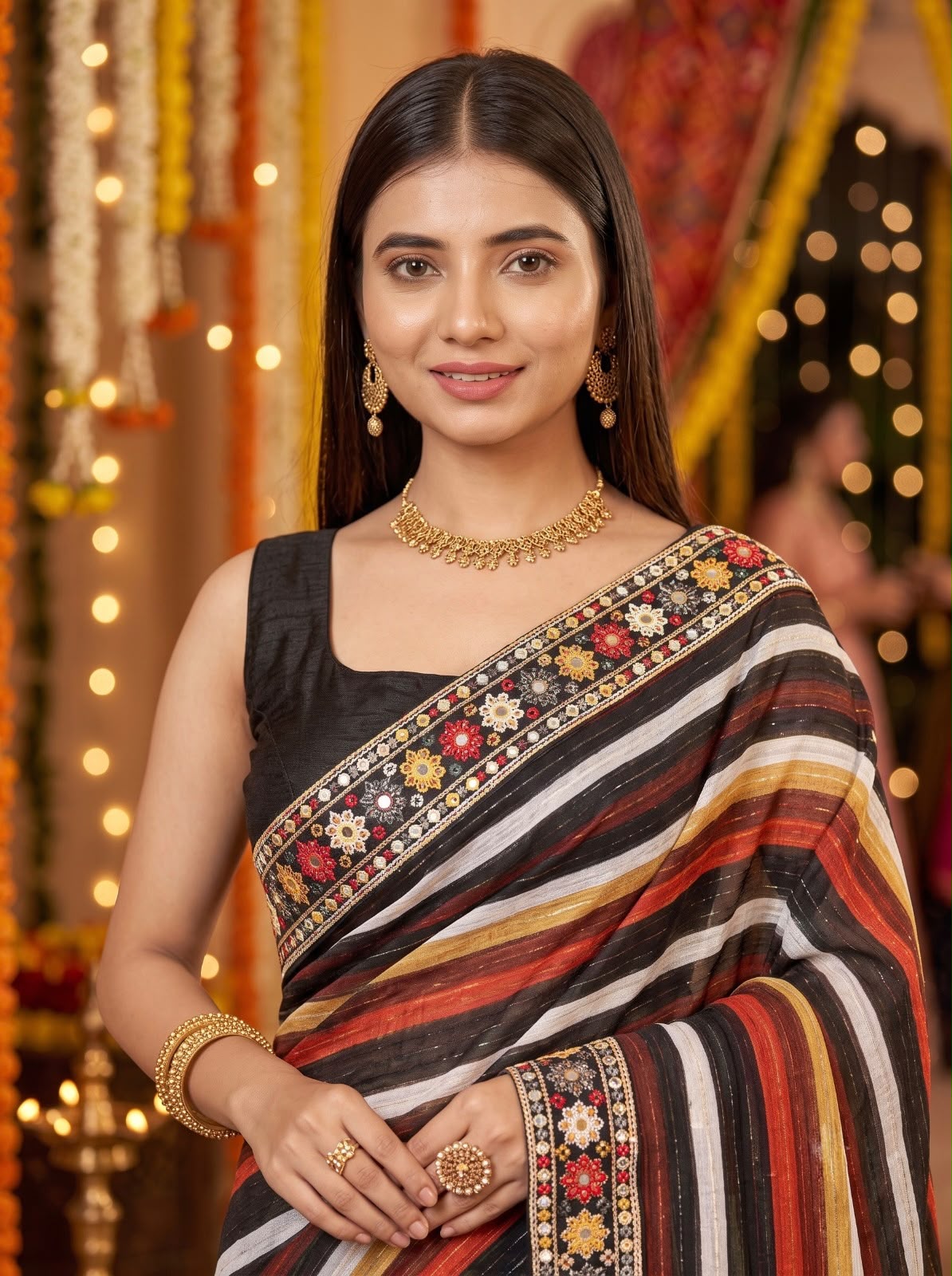 Digital Printed Vichitra Silk Saree with Cross Check Sequence Work