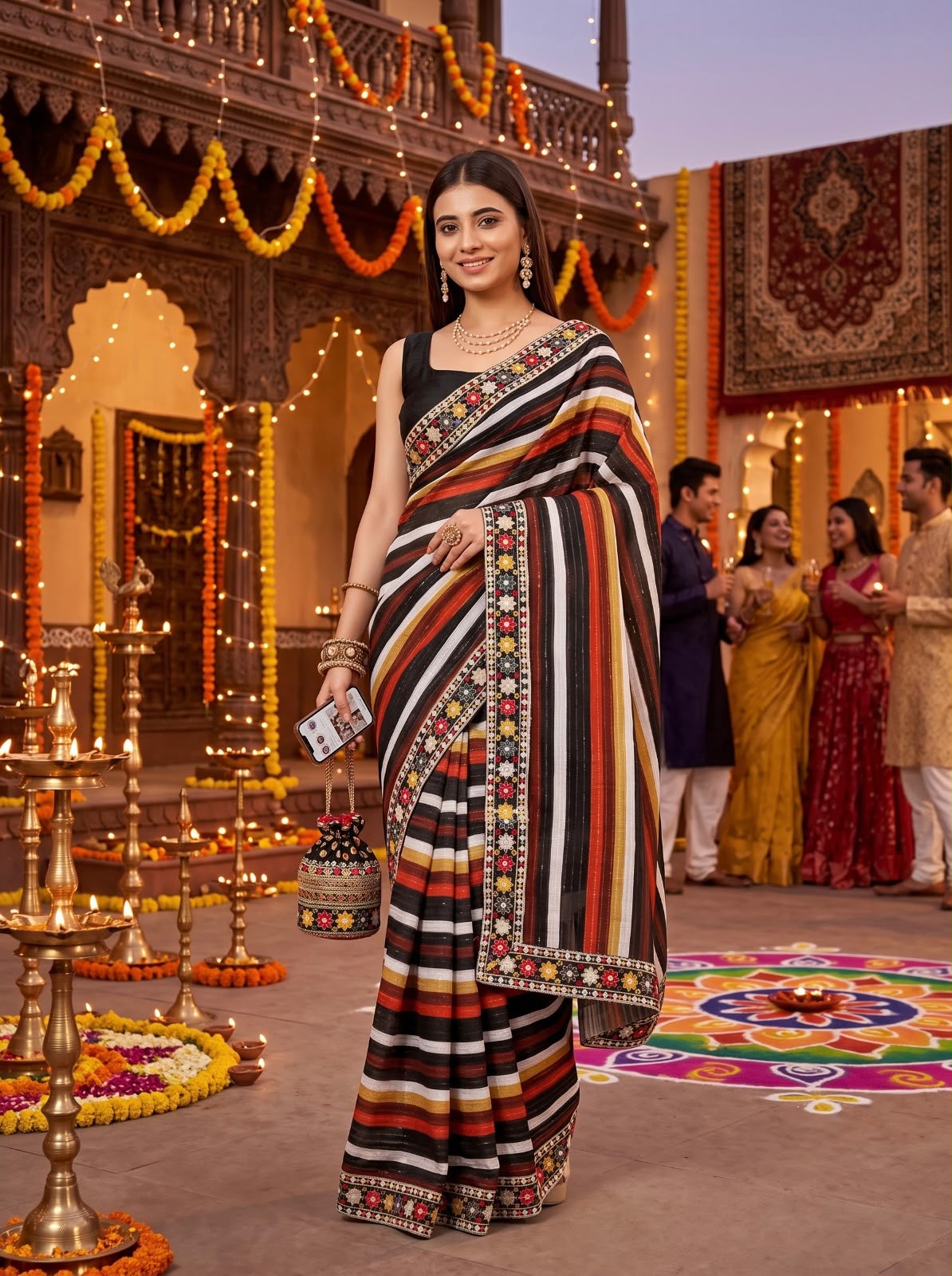 Digital Printed Vichitra Silk Saree with Cross Check Sequence Work