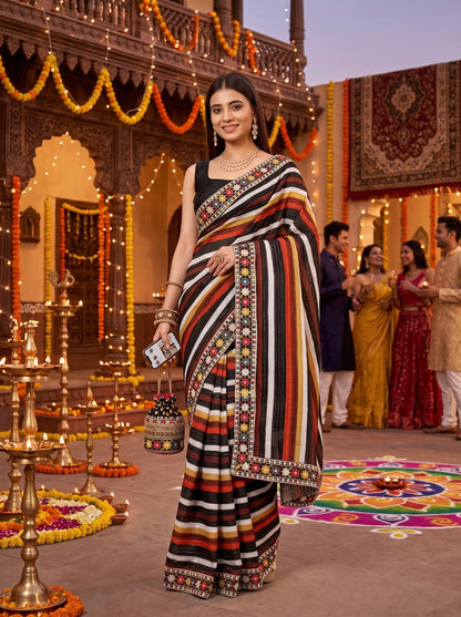 Digital Printed Vichitra Silk Saree with Cross Check Sequence Work