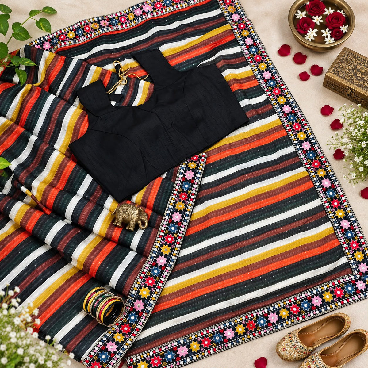 Digital Printed Vichitra Silk Saree with Cross Check Sequence Work