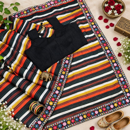 Digital Printed Vichitra Silk Saree with Cross Check Sequence Work