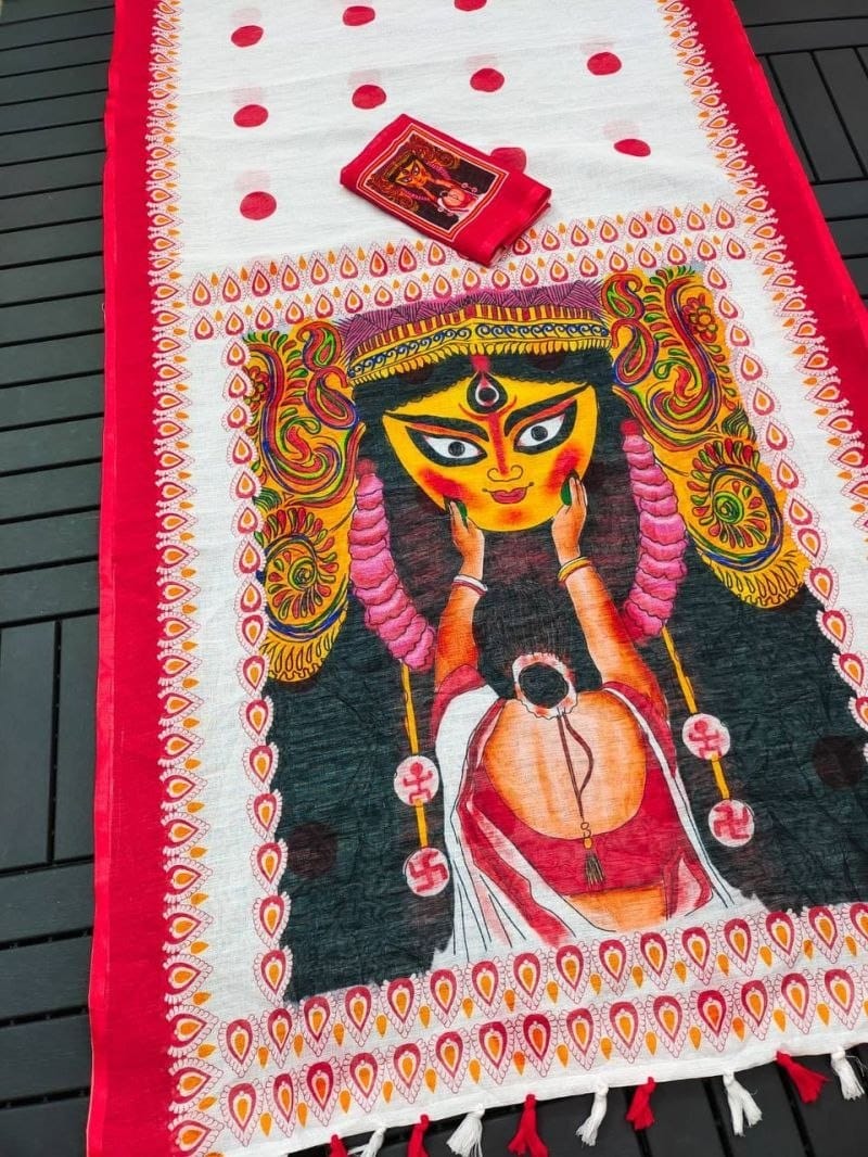 Festive Durga Puja Special Handcrafted Look Linen Cotton Saree