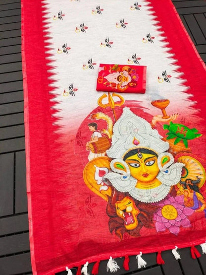 Festive Durga Puja Special Handcrafted Look Linen Cotton Saree