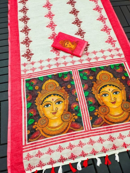 Festive Durga Puja Special Handcrafted Look Linen Cotton Saree