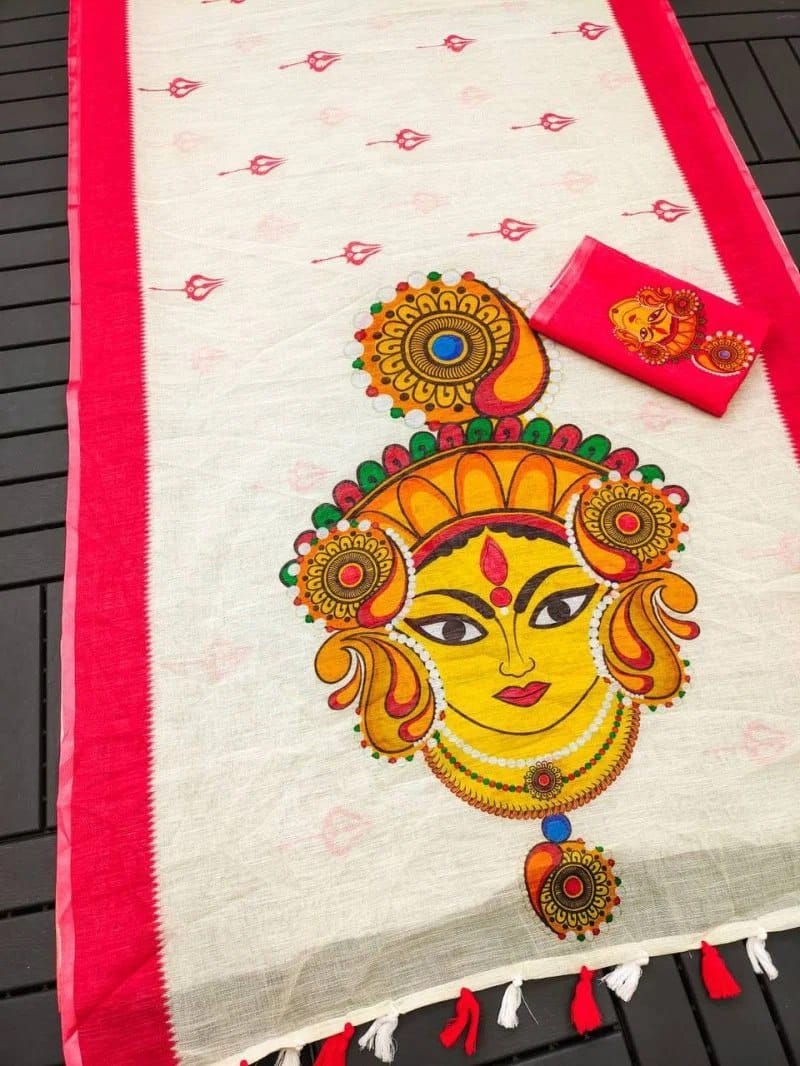 Festive Durga Puja Special Handcrafted Look Linen Cotton Saree