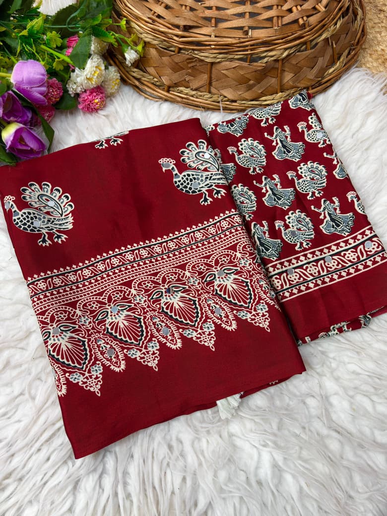 Ethnic Peacock Print Saree with Foil Mirror Work Lace Border & Printed Blouse