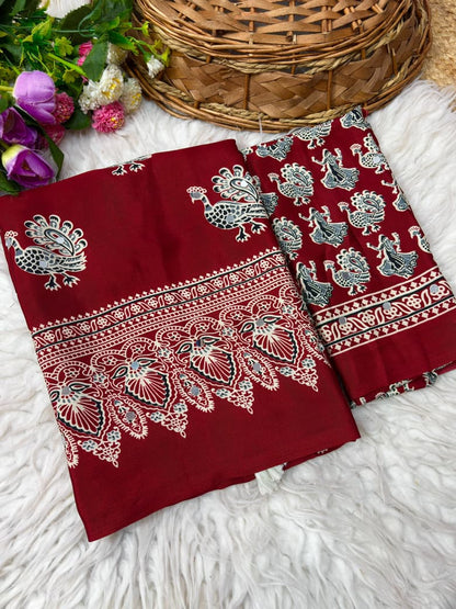 Ethnic Peacock Print Saree with Foil Mirror Work Lace Border & Printed Blouse