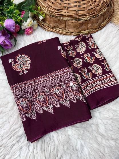 Ethnic Peacock Print Saree with Foil Mirror Work Lace Border & Printed Blouse