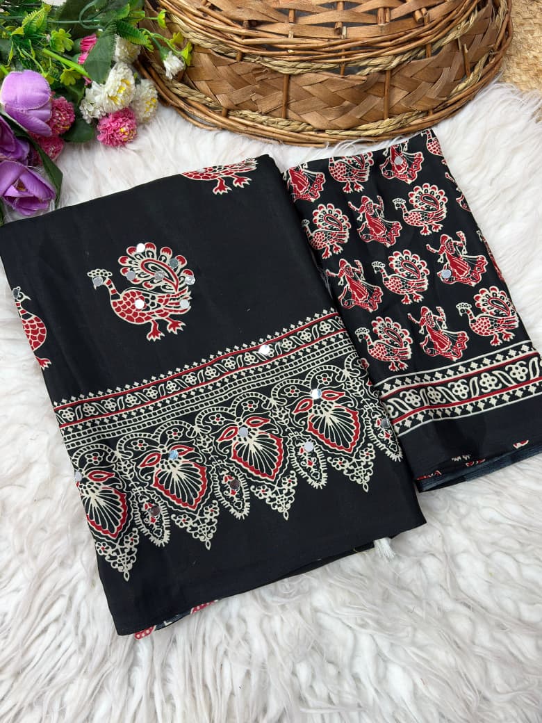 Ethnic Peacock Print Saree with Foil Mirror Work Lace Border & Printed Blouse