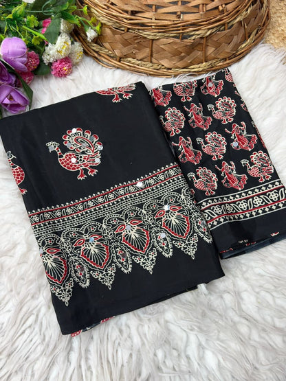 Ethnic Peacock Print Saree with Foil Mirror Work Lace Border & Printed Blouse