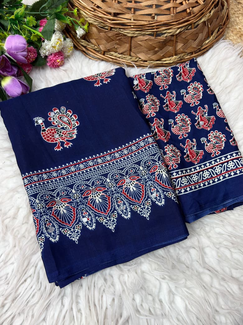 Ethnic Peacock Print Saree with Foil Mirror Work Lace Border & Printed Blouse