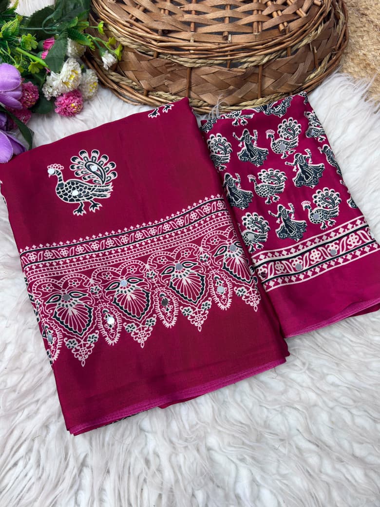 Ethnic Peacock Print Saree with Foil Mirror Work Lace Border & Printed Blouse