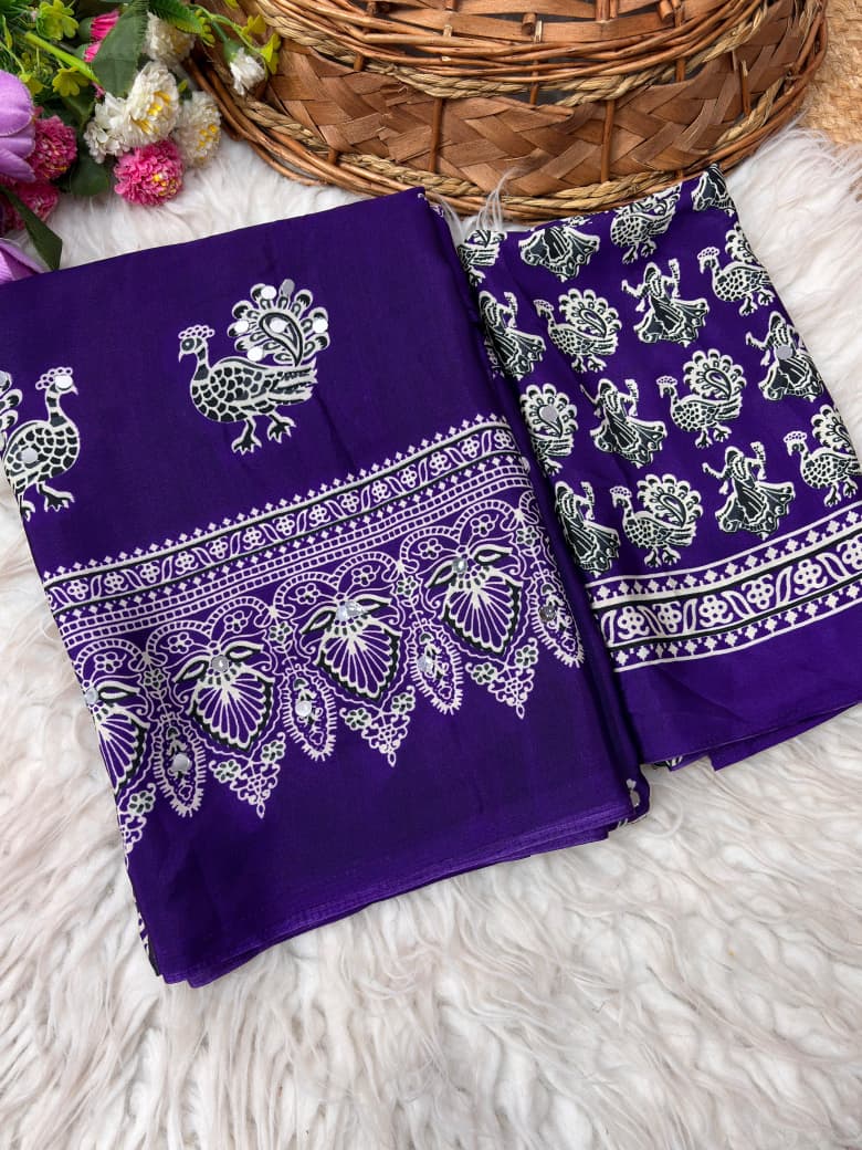 Ethnic Peacock Print Saree with Foil Mirror Work Lace Border & Printed Blouse