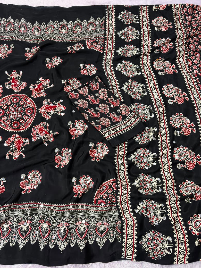 Ethnic Peacock Print Saree with Foil Mirror Work Lace Border & Printed Blouse
