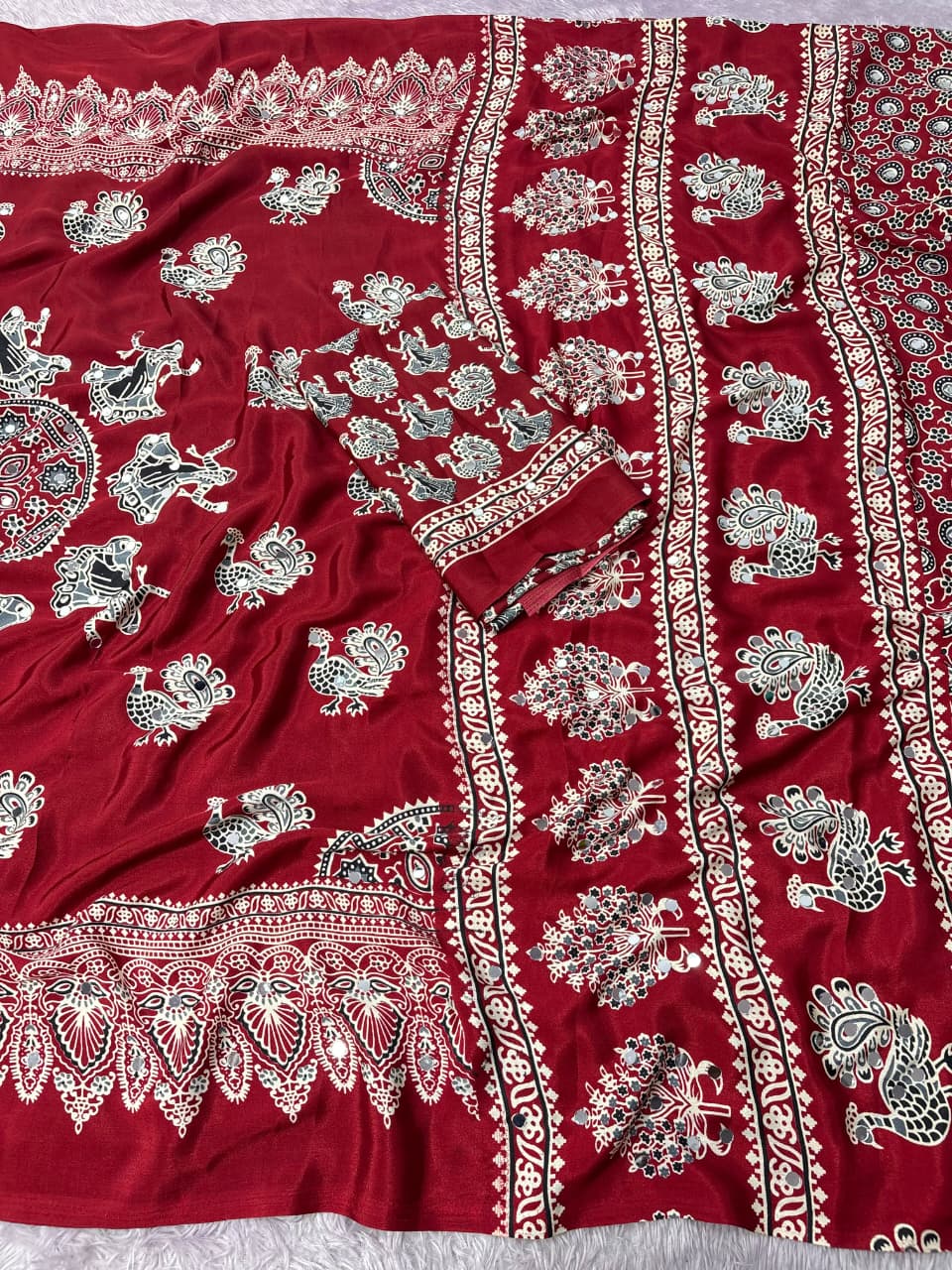 Ethnic Peacock Print Saree with Foil Mirror Work Lace Border & Printed Blouse