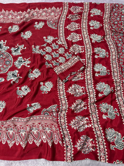 Ethnic Peacock Print Saree with Foil Mirror Work Lace Border & Printed Blouse