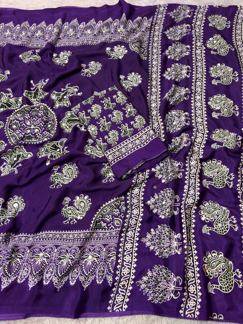 Ethnic Peacock Print Saree with Foil Mirror Work Lace Border & Printed Blouse