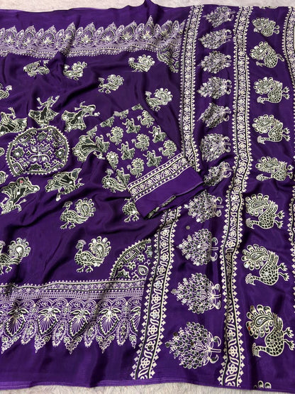 Ethnic Peacock Print Saree with Foil Mirror Work Lace Border & Printed Blouse