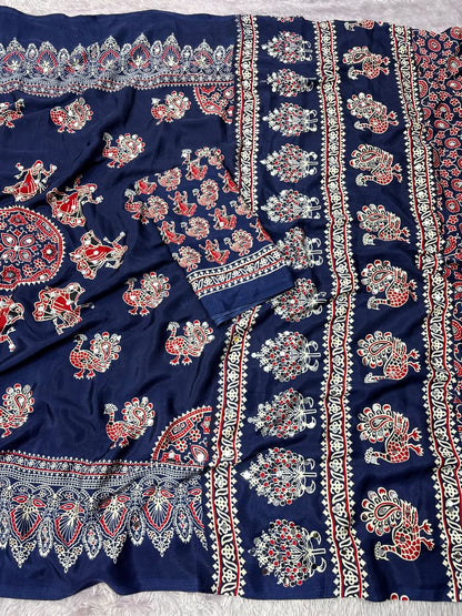 Ethnic Peacock Print Saree with Foil Mirror Work Lace Border & Printed Blouse