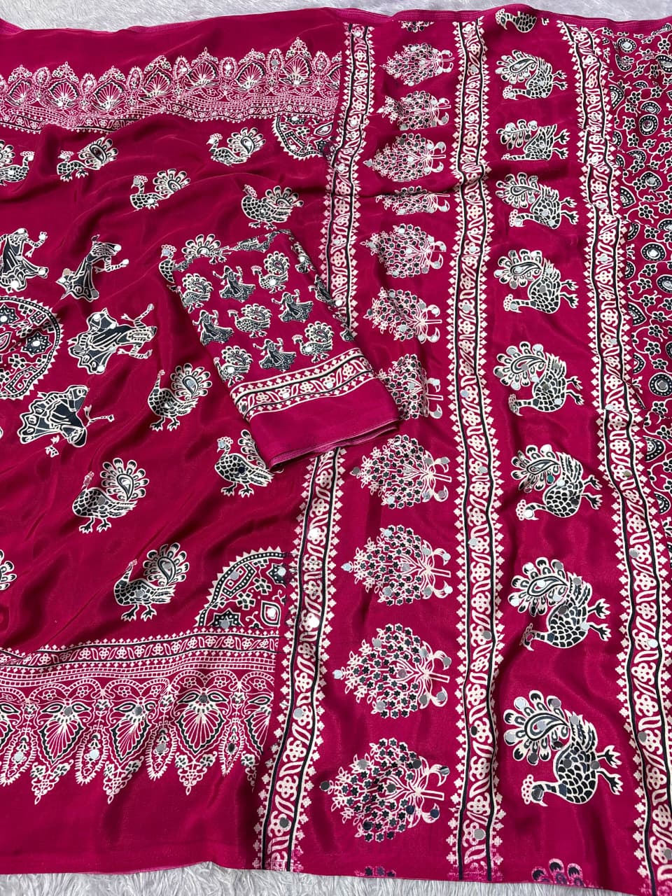 Ethnic Peacock Print Saree with Foil Mirror Work Lace Border & Printed Blouse