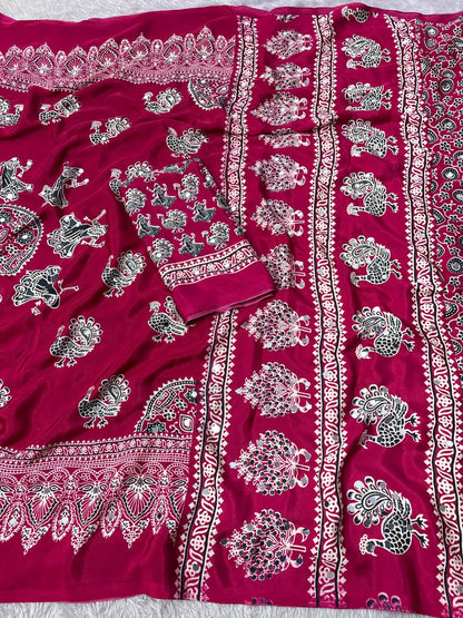 Ethnic Peacock Print Saree with Foil Mirror Work Lace Border & Printed Blouse