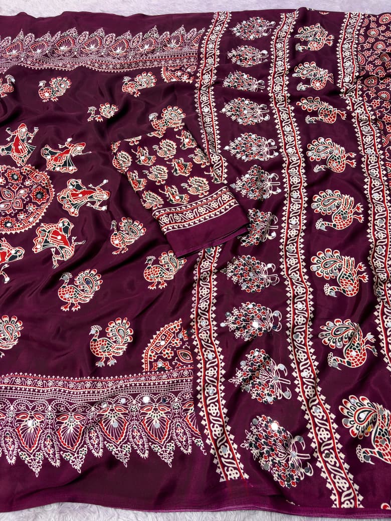 Ethnic Peacock Print Saree with Foil Mirror Work Lace Border & Printed Blouse
