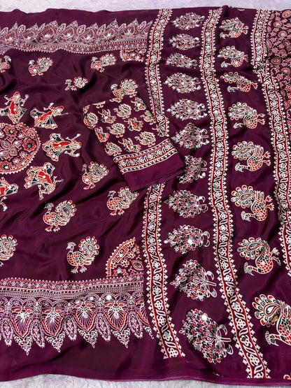 Ethnic Peacock Print Saree with Foil Mirror Work Lace Border & Printed Blouse