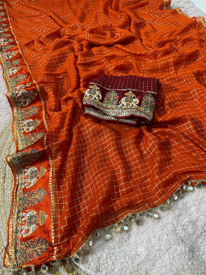 Designer Viscose Saree with Multicolour Thread & Mirror Work
