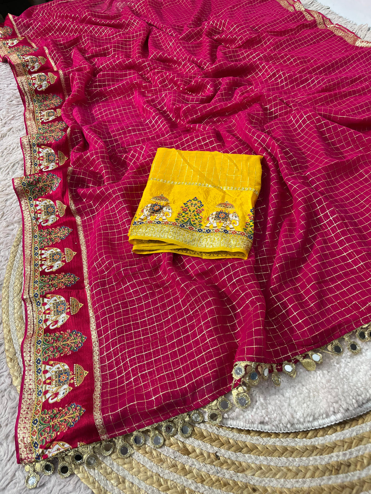 Designer Viscose Saree with Multicolour Thread & Mirror Work