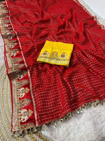 Designer Viscose Saree with Multicolour Thread & Mirror Work