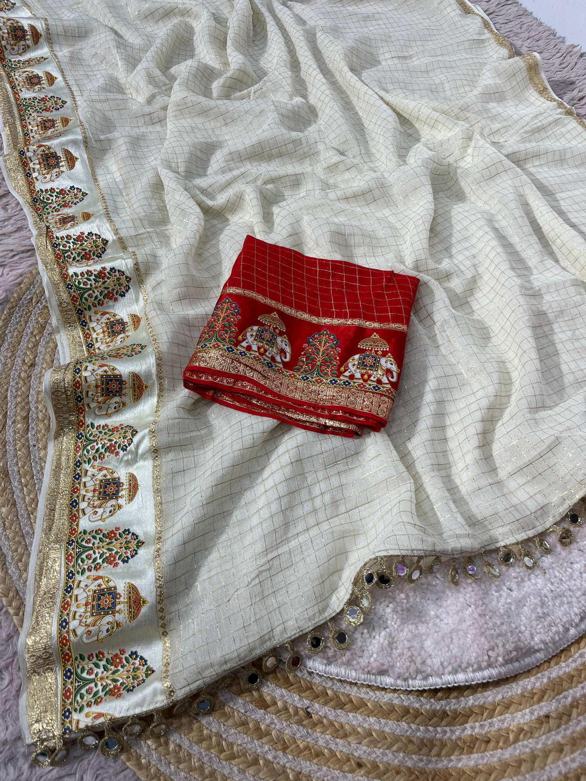 Designer Viscose Saree with Multicolour Thread & Mirror Work