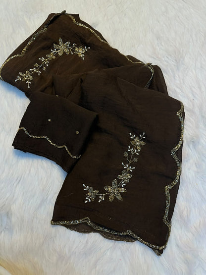 The Espresso Scallop: Dark Brown Hand-Embroidered Cutdana Saree