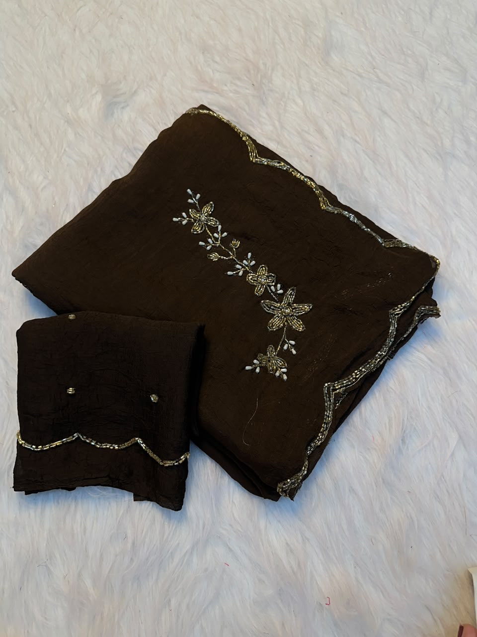 The Espresso Scallop: Dark Brown Hand-Embroidered Cutdana Saree