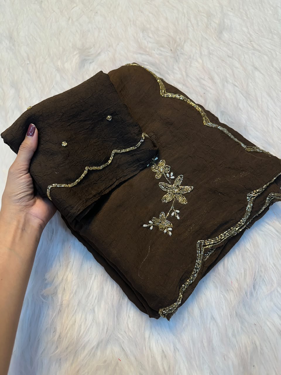 The Espresso Scallop: Dark Brown Hand-Embroidered Cutdana Saree
